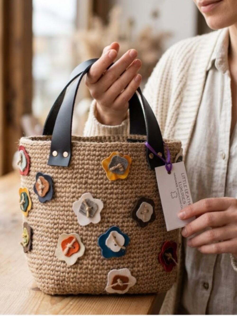 Handmade Crochet Jute Top Handle Bucket Bag Genuine Leather Flower Accent